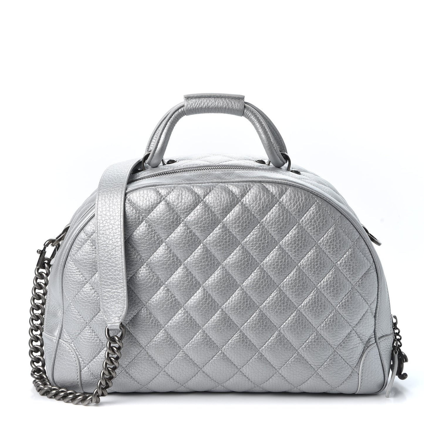 Metallic Calfskin Quilted Medium Airlines Round Trip Bowling Bag Silver