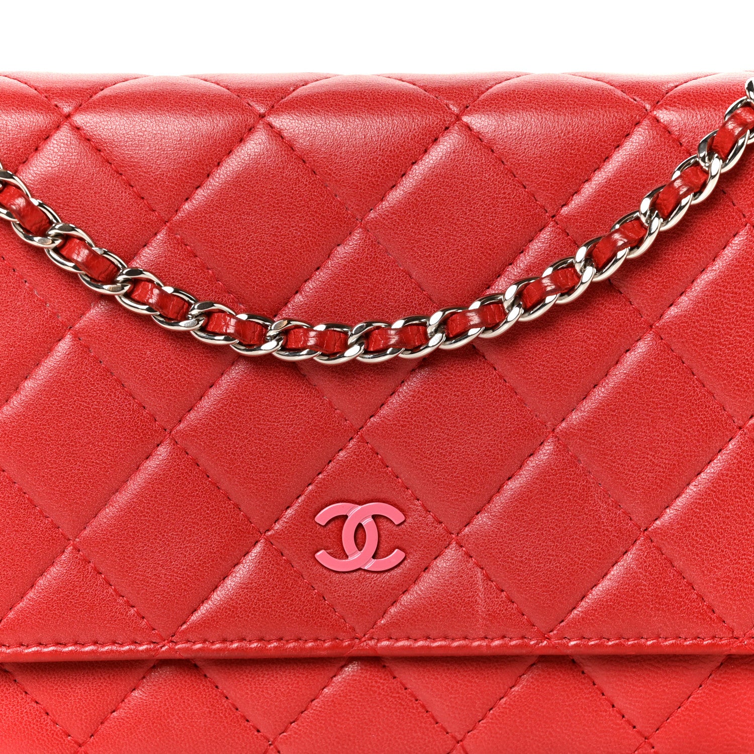 Chanel Lambskin Quilted Wallet On Chain WOC Red Pink 9 of 11