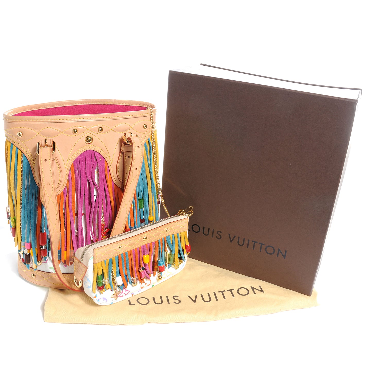 Monogram Multicolor Fringe Bucket White