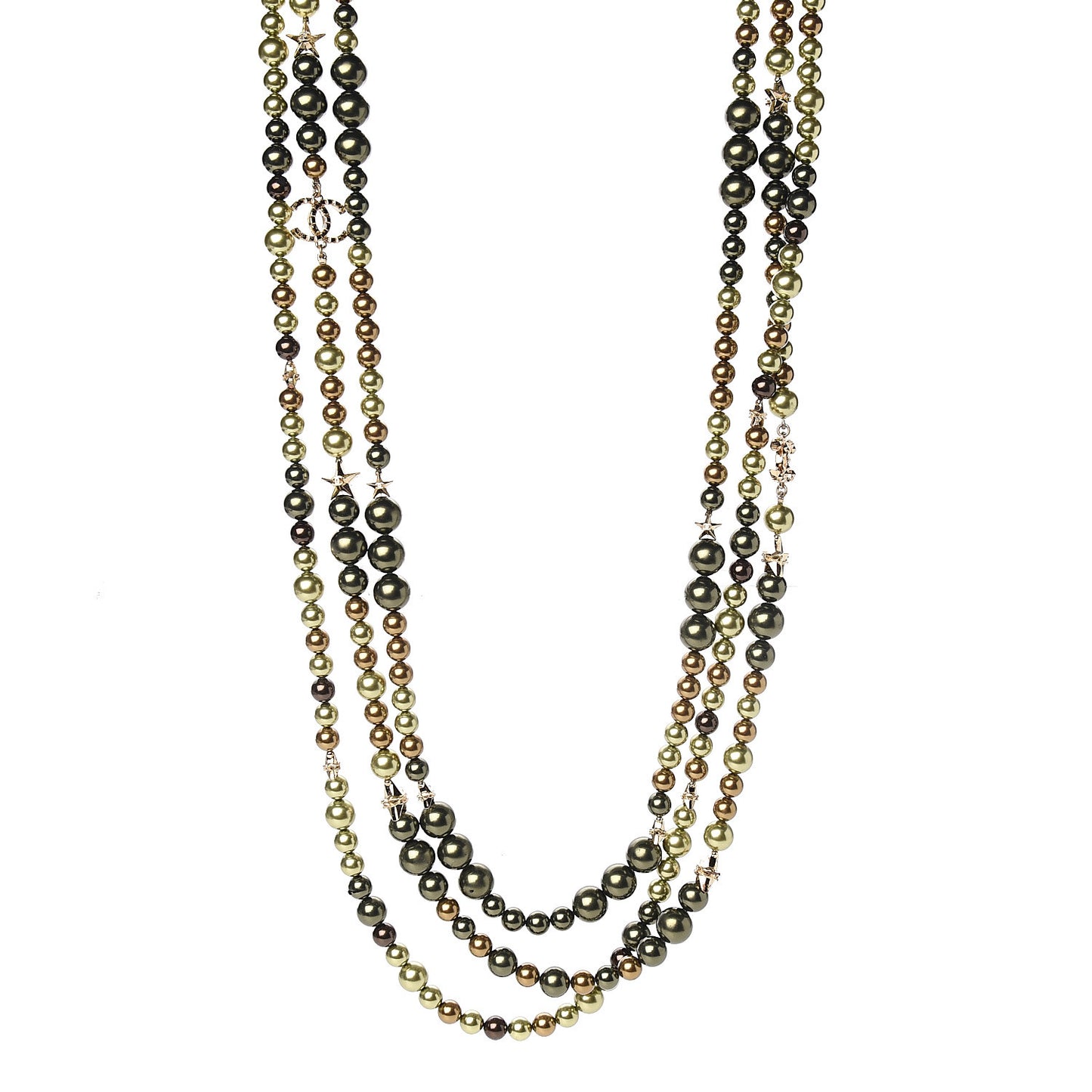 Resin Pearl Multi Strand Crystal Star CC Necklace Gold Green Brown