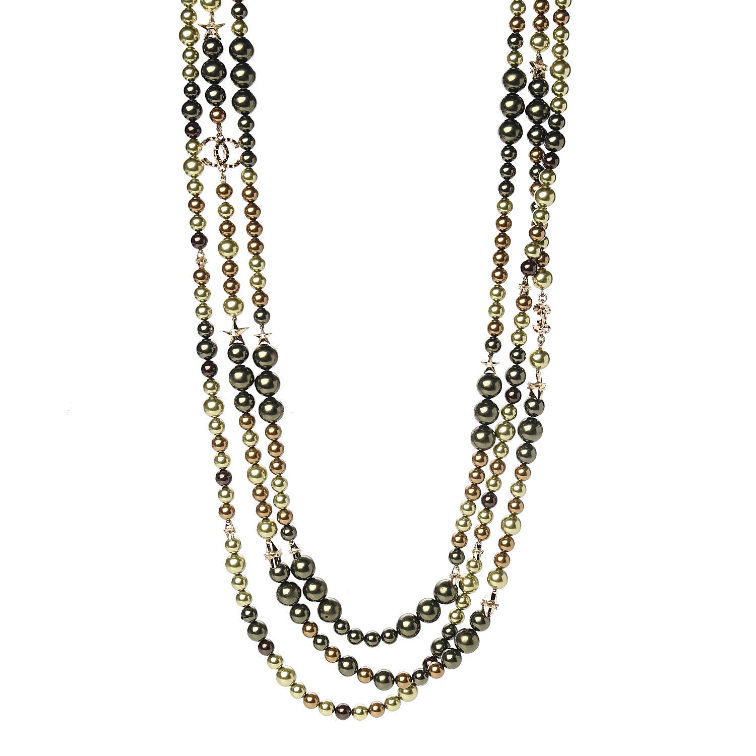 Chanel Resin Pearl Multi Strand Crystal Star CC Necklace Gold Green Brown 1 of 4