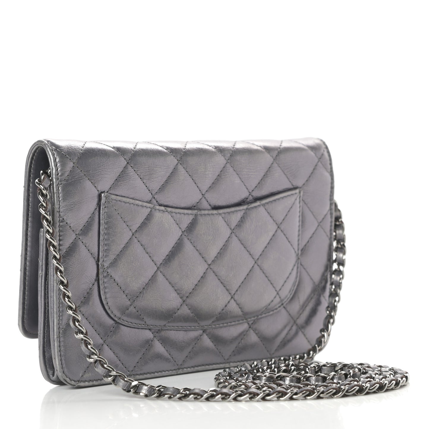 Metallic Aged Calfskin Quilted Reissue Wallet On Chain WOC Dark Silver