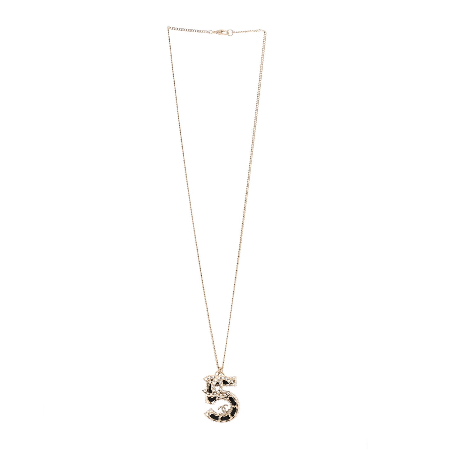 Lambskin Crystal CC Number 5 Pendant Necklace Gold Black