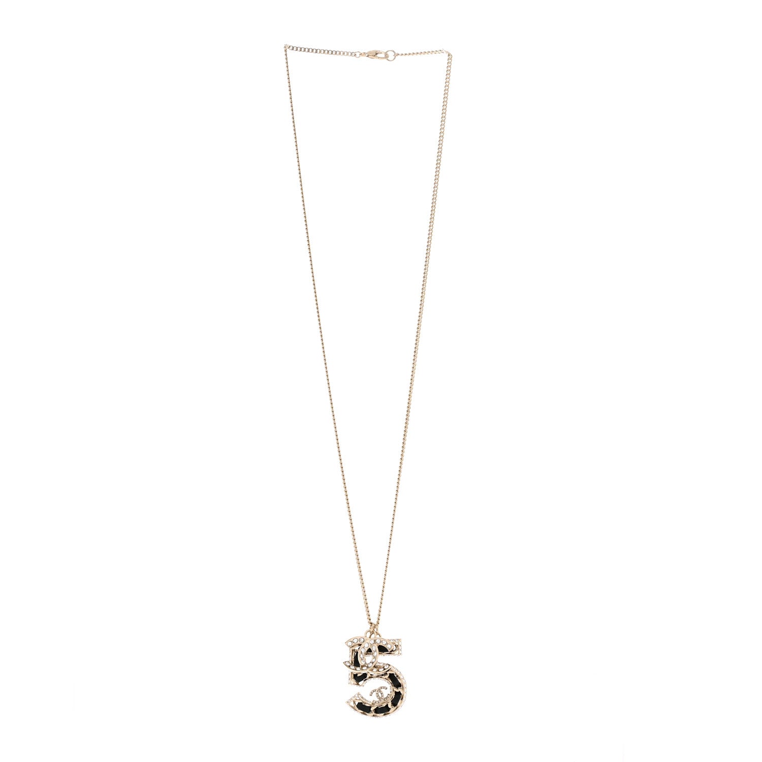 Chanel Lambskin Crystal CC Number 5 Pendant Necklace Gold Black 3 of 6