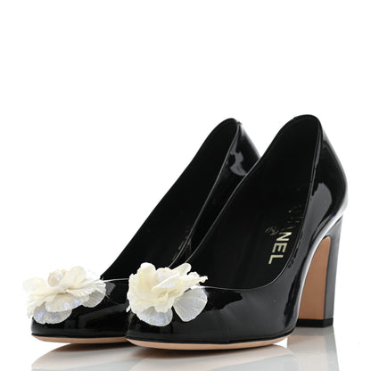 Chanel Patent Camellia CC Cap Toe Pumps 37 Black 3 of 9