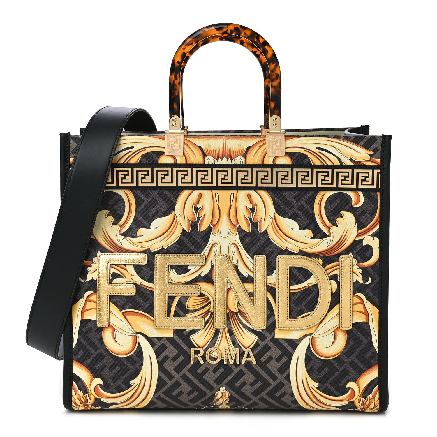 Fendi X VERSACE Calfskin Plexiglass Fendace FF Baroque Print Medium Fendi Sunshine Shopper Tote Black Gold 1 of 10
