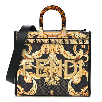 Fendi X VERSACE Calfskin Plexiglass Fendace FF Baroque Print Medium Fendi Sunshine Shopper Tote Black Gold 1 of 10