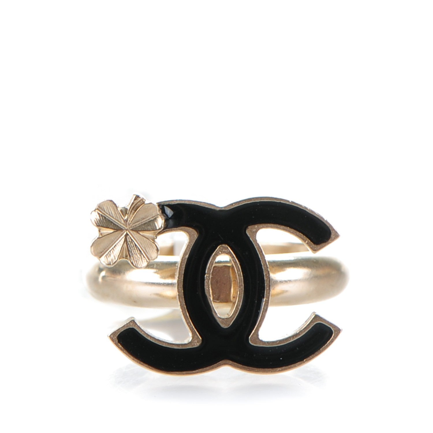 Chanel Enamel CC Clover Ring 50 5.25 Black Gold 1 of 4