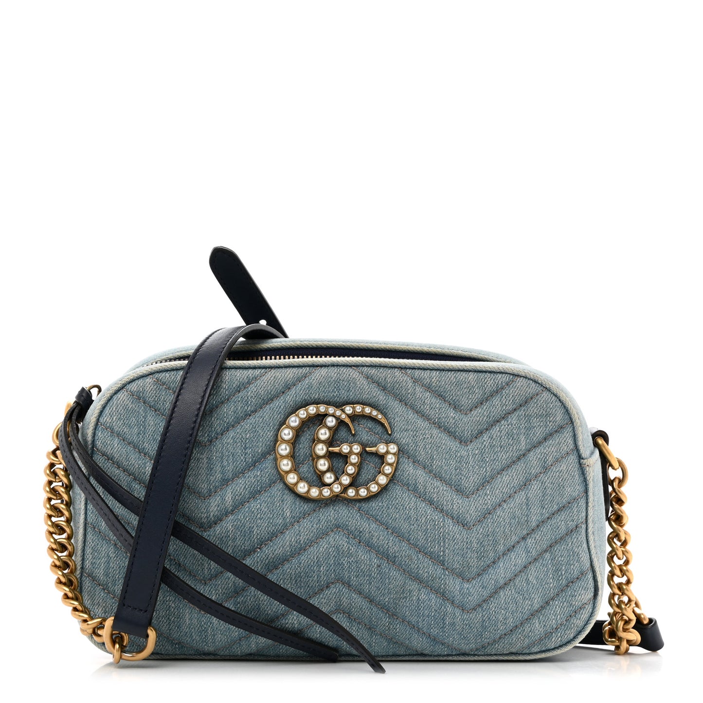 Denim Matelasse Small Pearly GG Marmont Chain Bag Blue