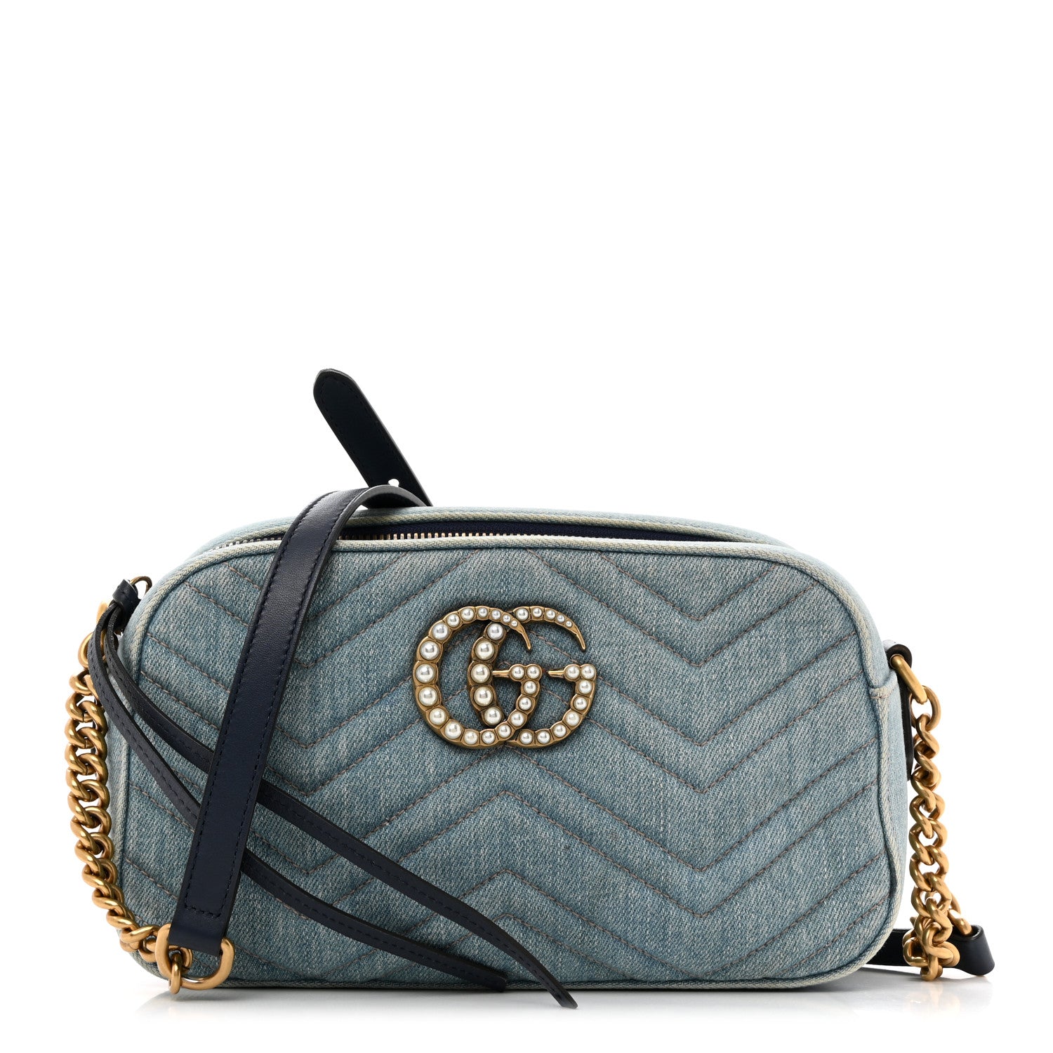 Gucci Denim Matelasse Small Pearly GG Marmont Chain Bag Blue 1 of 10