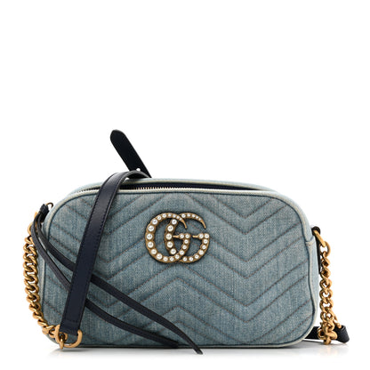 Gucci Denim Matelasse Small Pearly GG Marmont Chain Bag Blue 1 of 10