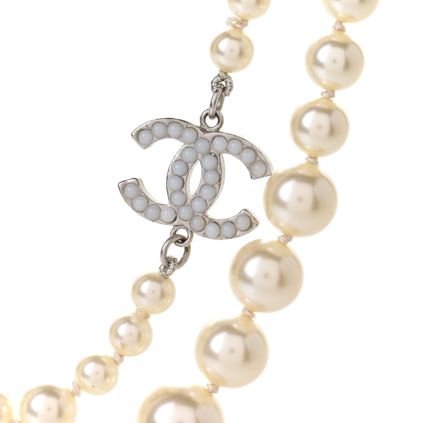 Graduated Pearl CC Long Necklace Silver