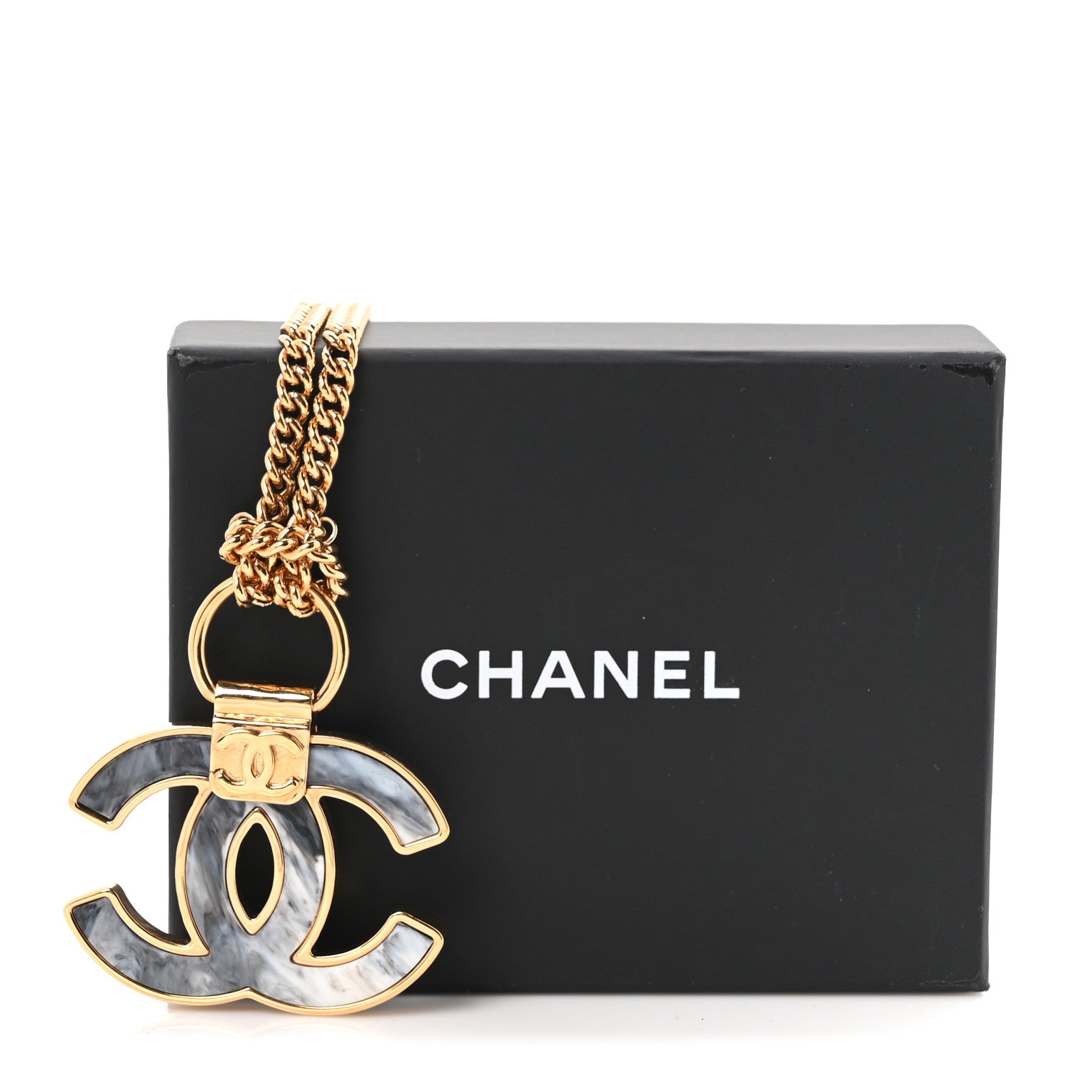 Chanel Metal Resin Marbled CC Pendant Necklace Gold Grey 5 of 5