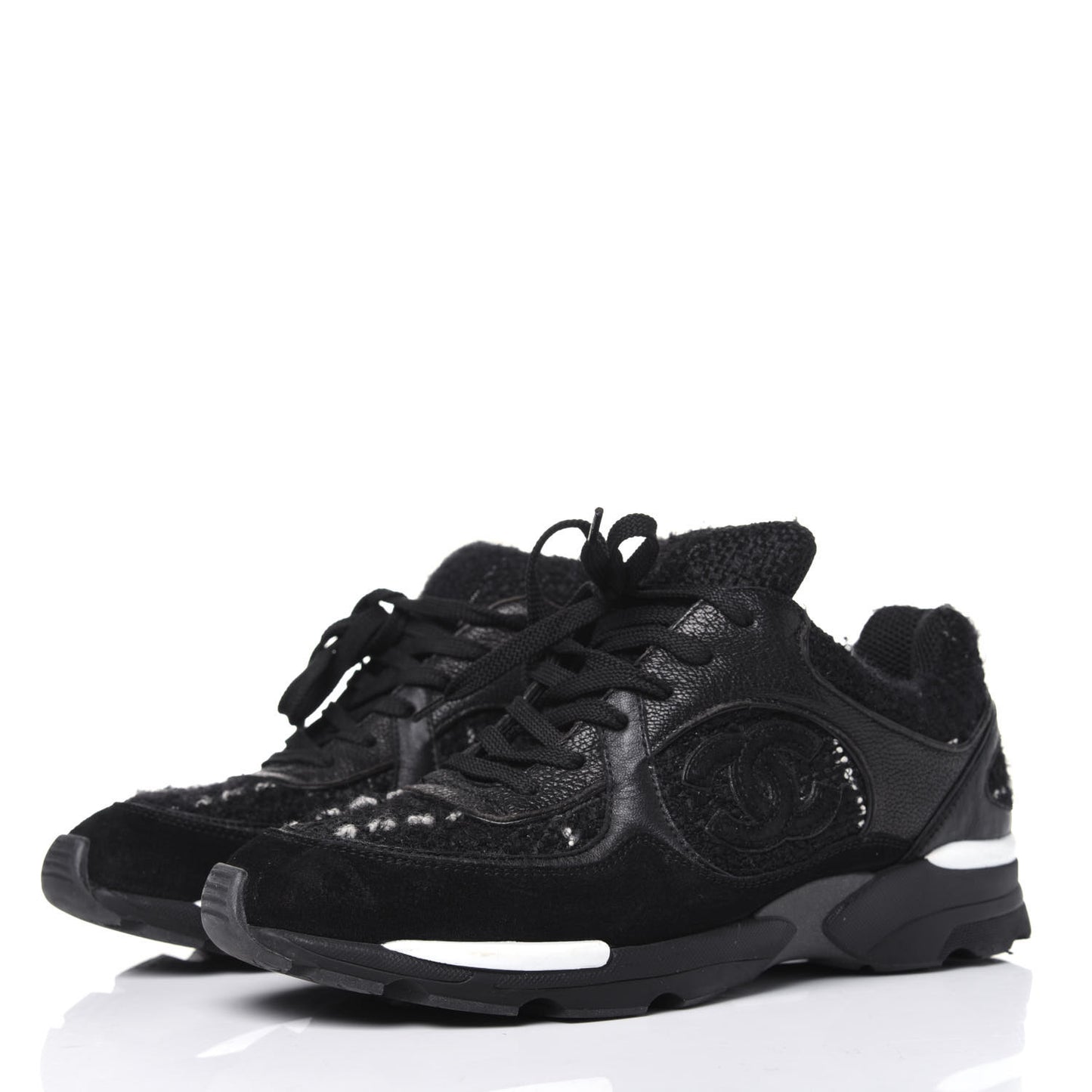 Tweed Suede Goatskin CC Sneakers 37 Black White