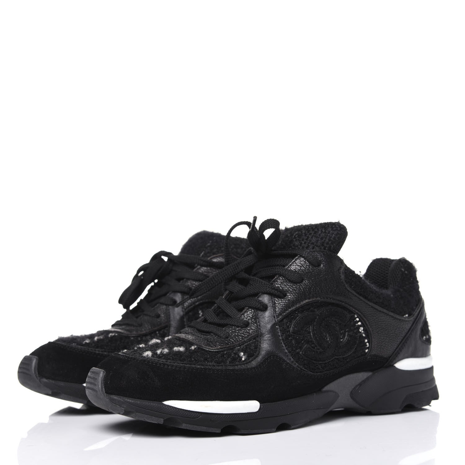 Chanel Tweed Suede Goatskin CC Sneakers 37 Black White 3 of 15