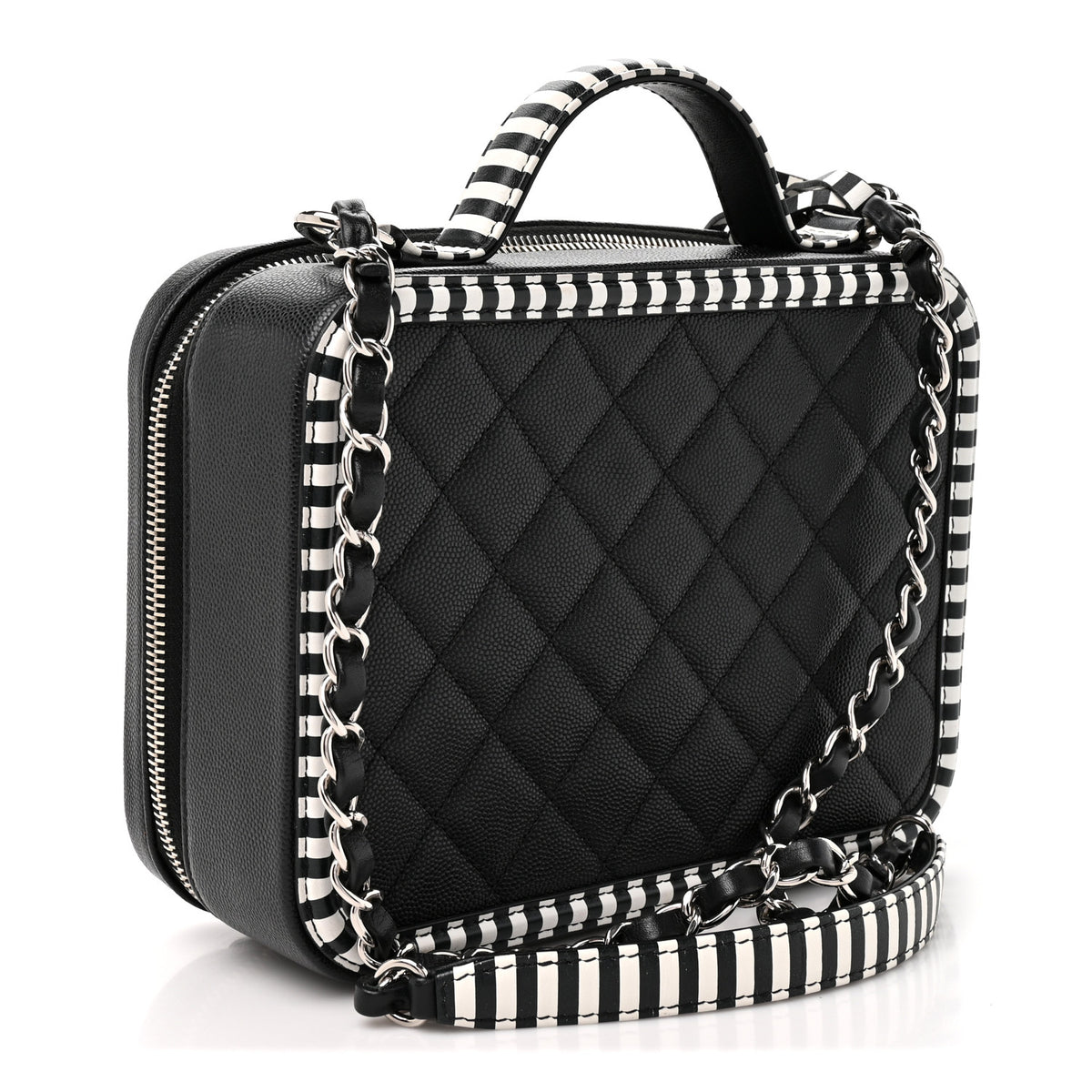 Chanel Caviar Quilted Striped Medium CC Filigree Vanity Case Black White 3 of 10