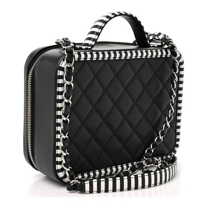 Chanel Caviar Quilted Striped Medium CC Filigree Vanity Case Black White 3 of 10