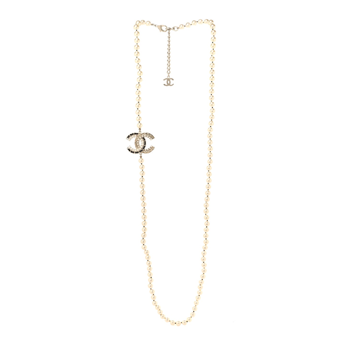 Pearl Crystal Lambskin CC Long Necklace Gold Black