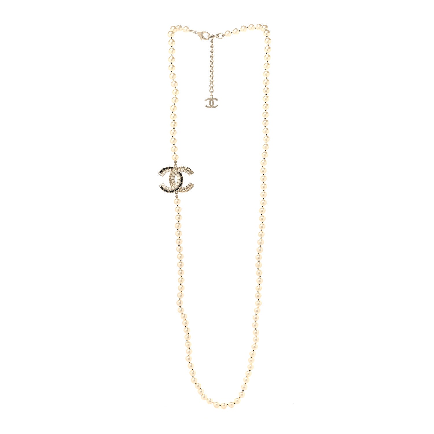 Chanel Pearl Crystal Lambskin CC Long Necklace Gold Black 3 of 4