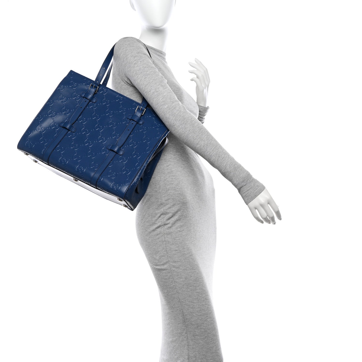 Gucci Calfskin GG Tennis Embossed Tote Bag Intense Metal Blue 2 of 11