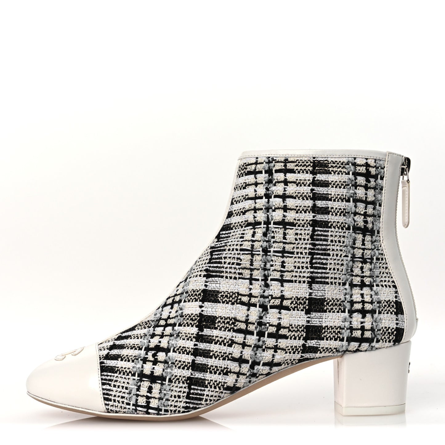 Tweed Lambskin Cap Toe CC Short Boots 38.5 White Black