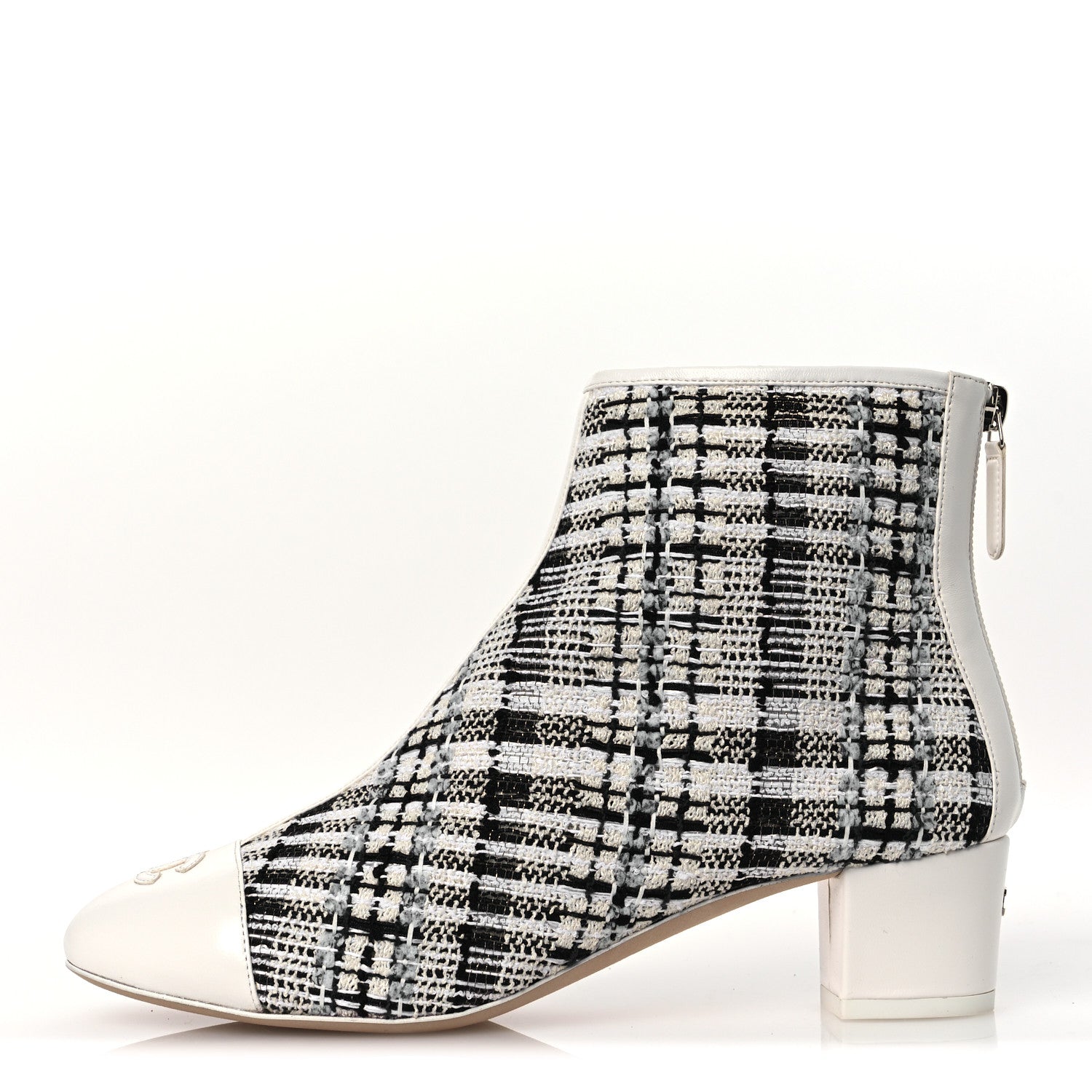 Chanel Tweed Lambskin Cap Toe CC Short Boots 38.5 White Black 1 of 12