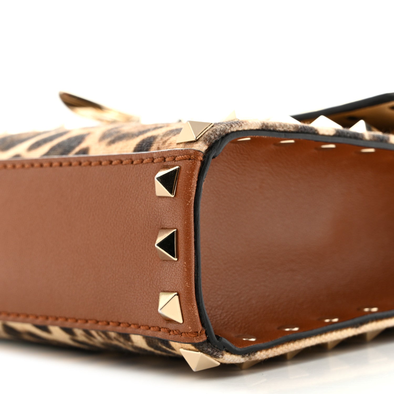 Valentino Garavani Calfskin Canvas Leopard Print Medium Rockstud Flip Lock Crossbody Bag Tan 9 of 12