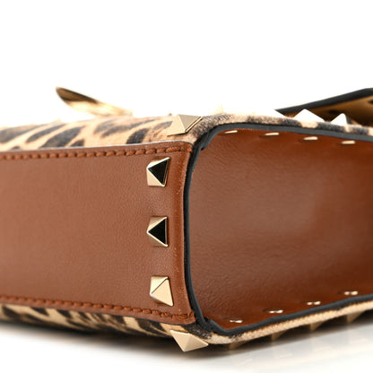 Valentino Garavani Calfskin Canvas Leopard Print Medium Rockstud Flip Lock Crossbody Bag Tan 9 of 12