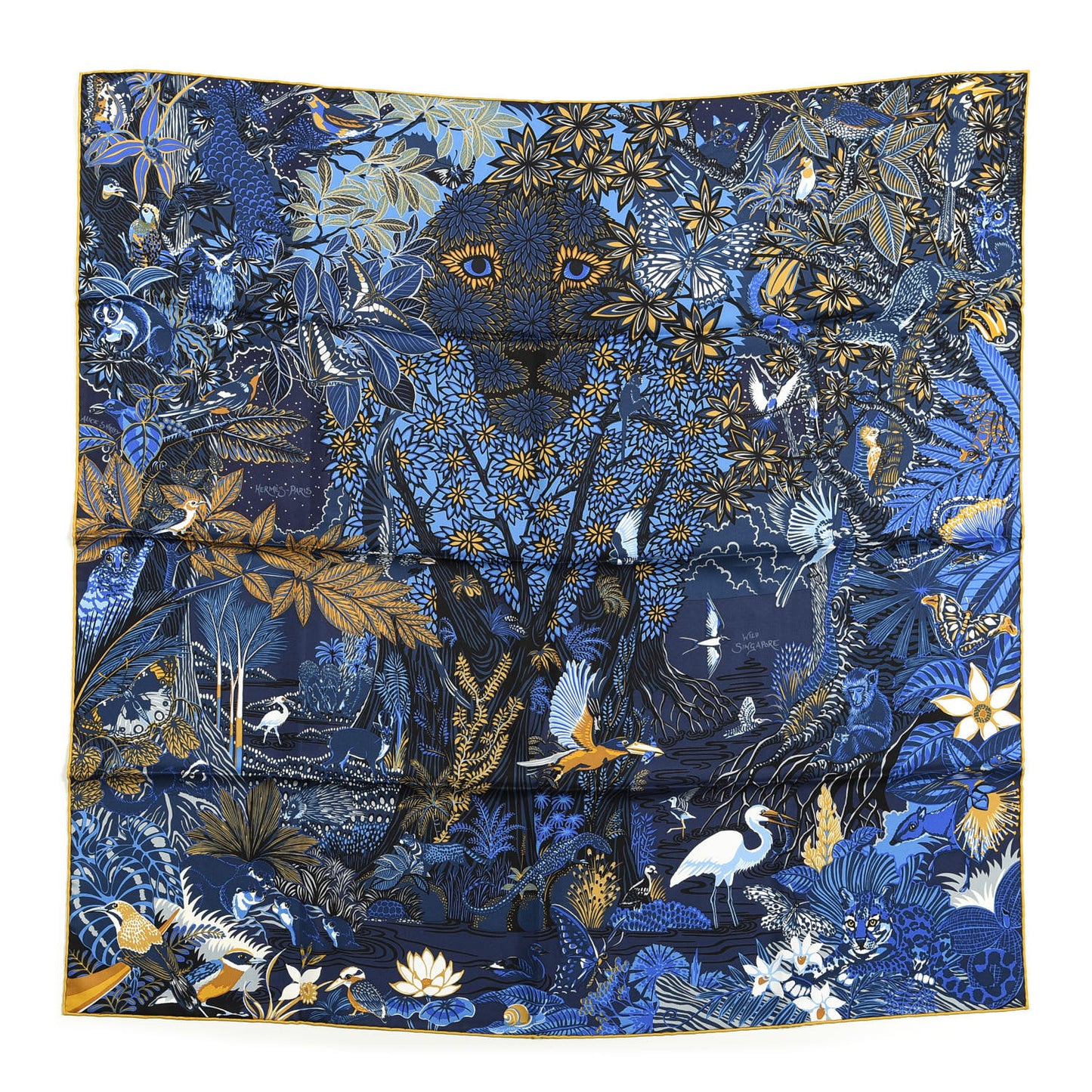 Silk Wild Singapore Scarf 90 Bleu Roy Gold Marine