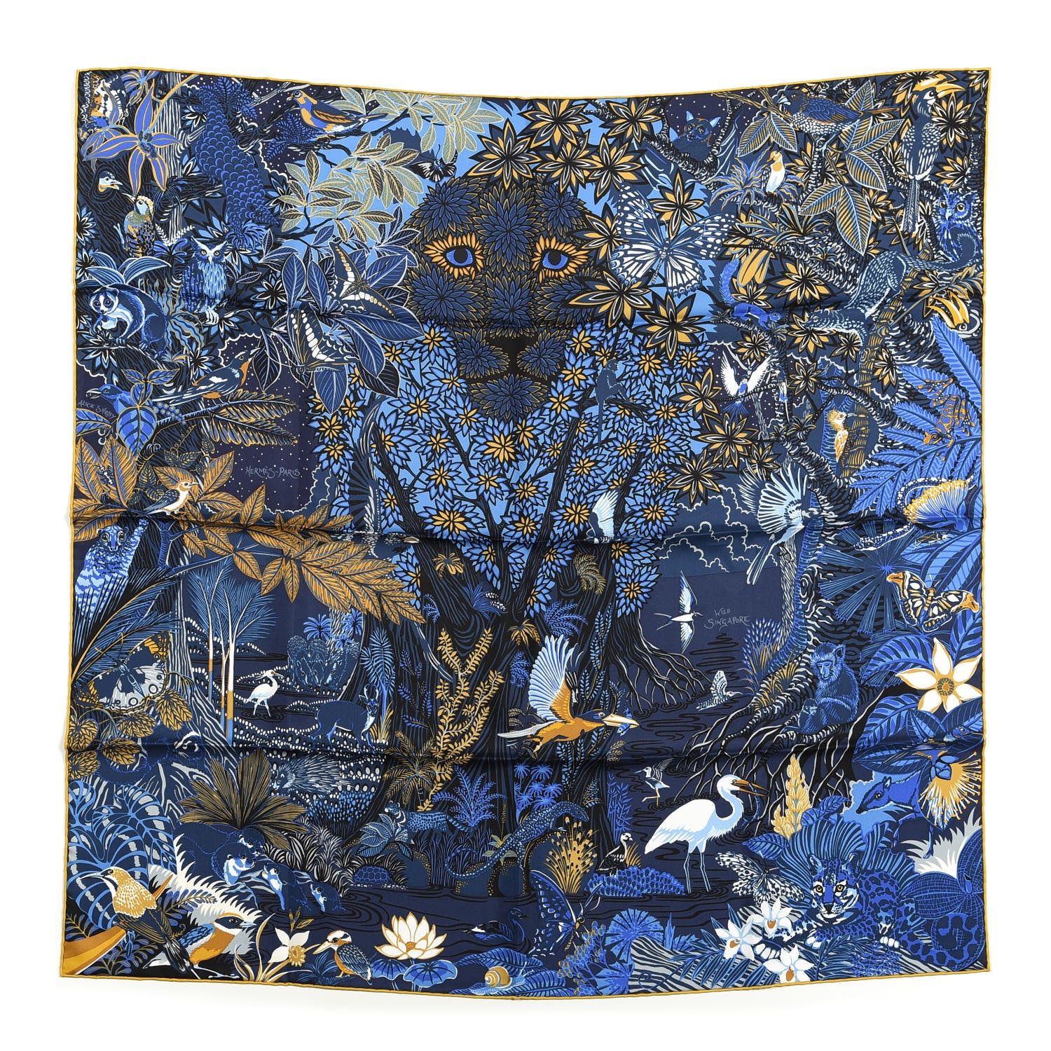 Hermes Silk Wild Singapore Scarf 90 Bleu Roy Gold Marine 1 of 3