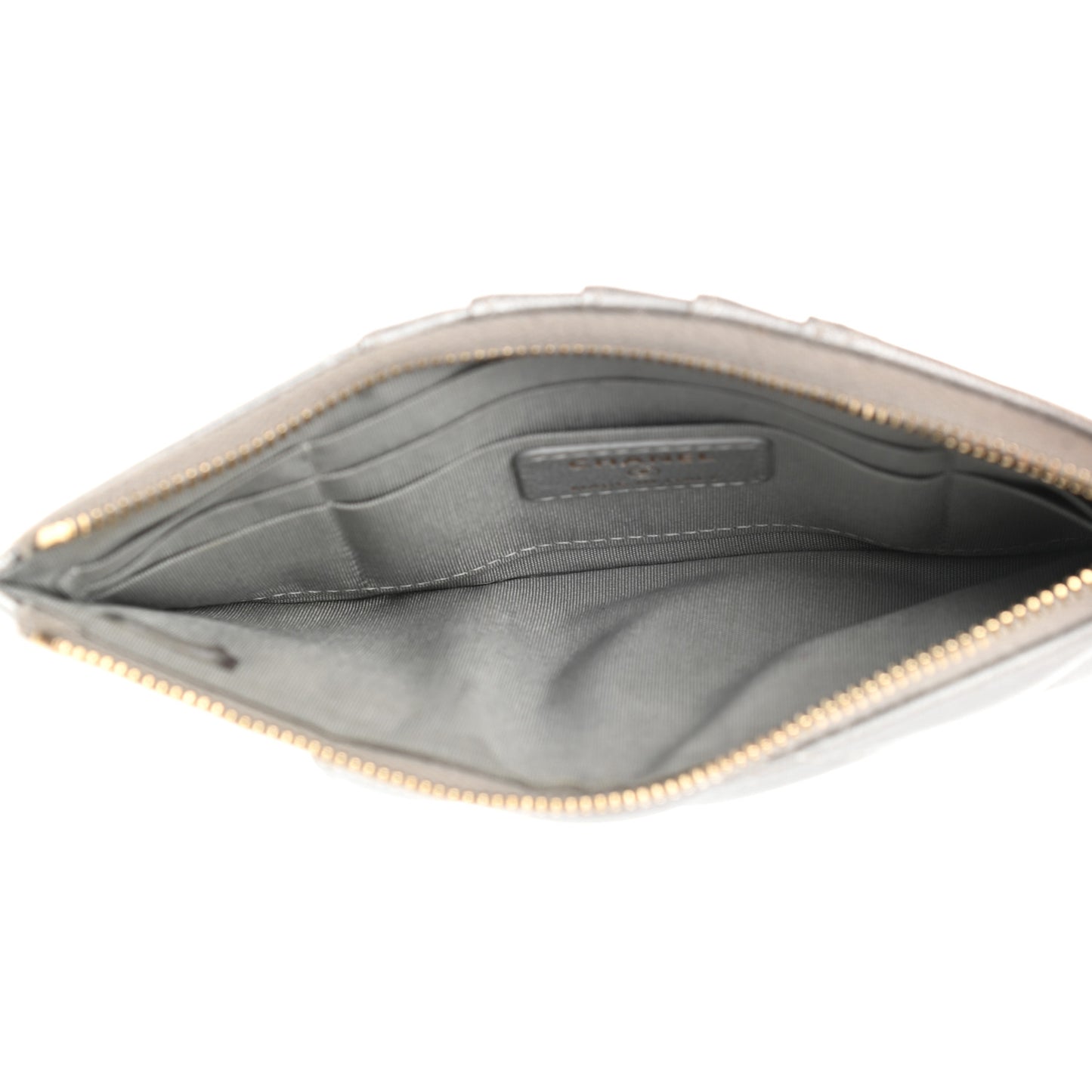 Metallic Goatskin Quilted Chanel 19 Flat Wallet Pouch Silver
