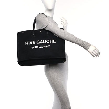 Saint Laurent Linen Calfskin Camouflage Rive Gauche Tote Black 2 of 12