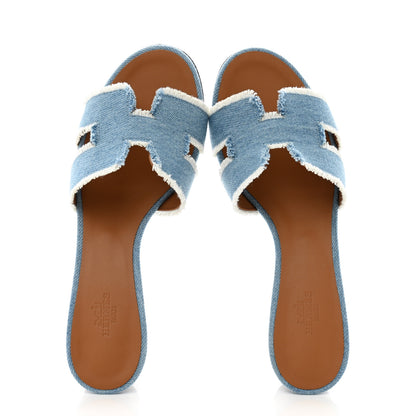 Hermes Denim Fringe Oasis Sandals 38.5 Bleu Clair 2 of 10