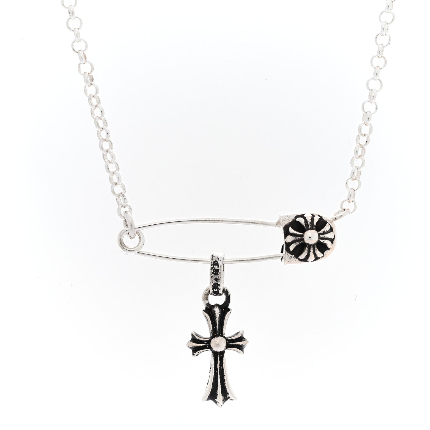 Sterling Silver Safety Pin Baby Fat Cross Pendant Necklace