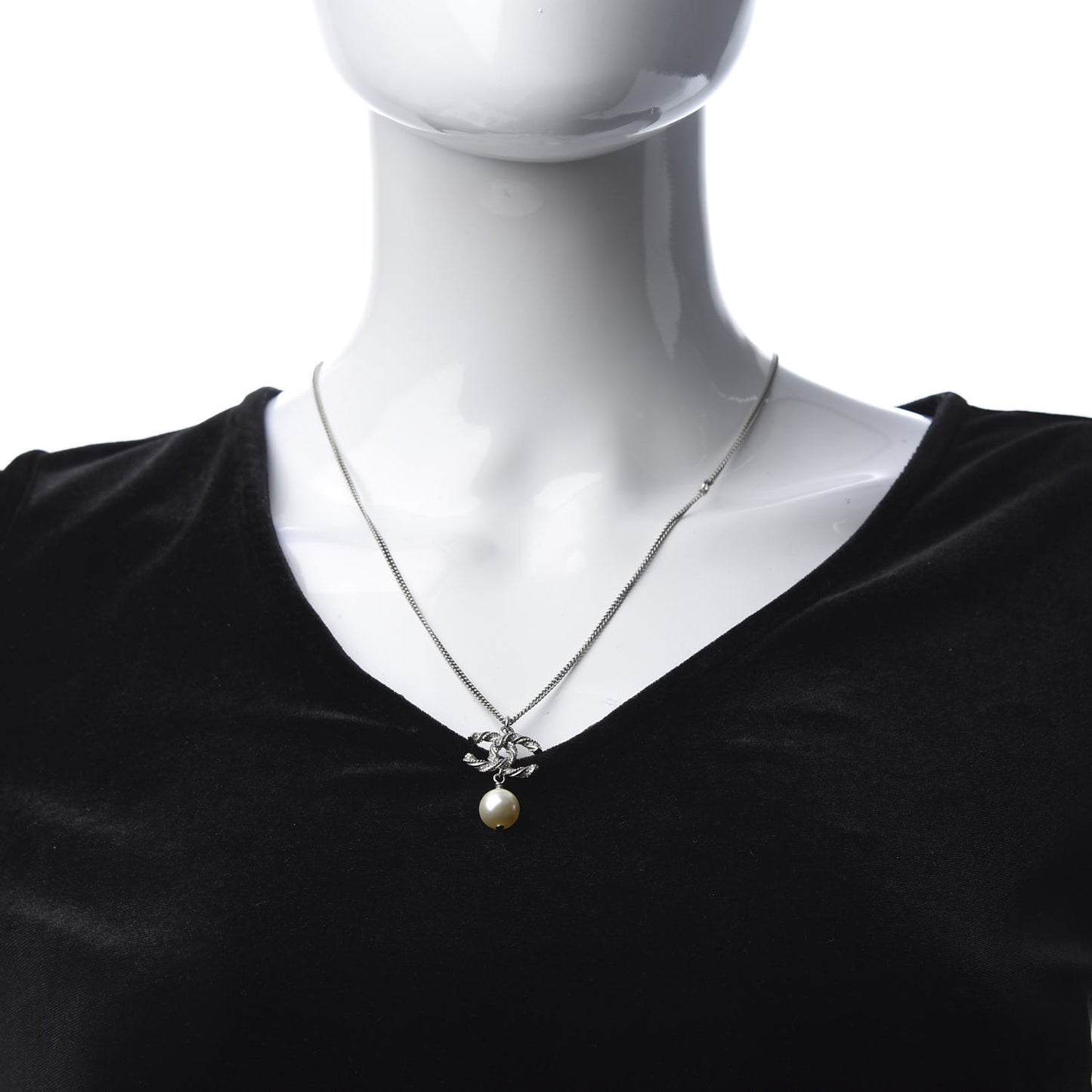 Crystal Pearl Twisted CC Drop Necklace Silver
