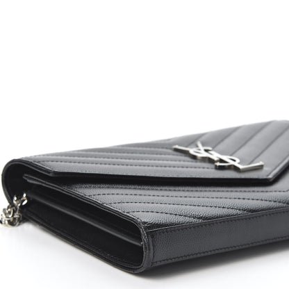 Saint Laurent Grain De Poudre Matelasse Chevron Monogram Chain Wallet Black 5 of 9
