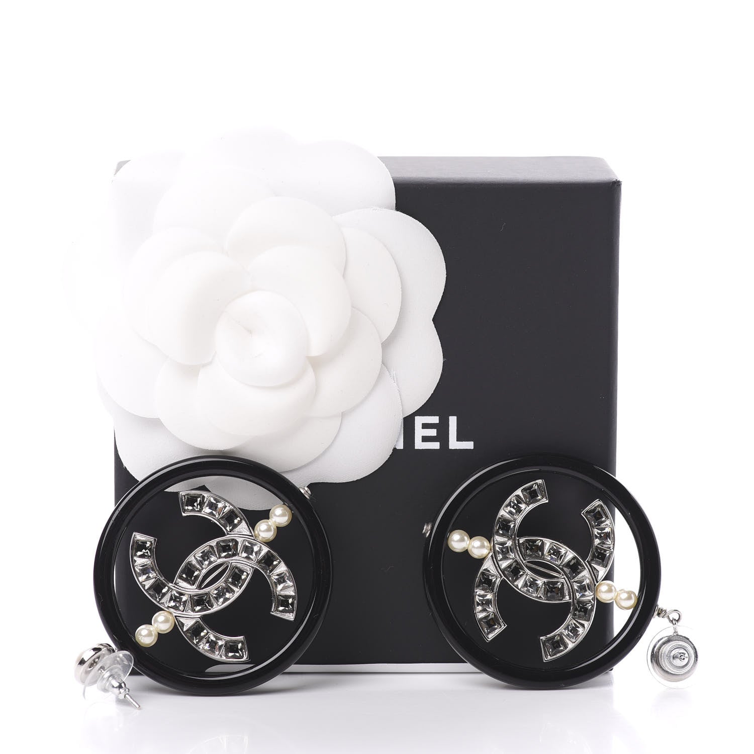 Chanel Resin Baguette Crystal Pearl CC Hoop Earrings Black White Grey 5 of 5