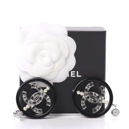 Chanel Resin Baguette Crystal Pearl CC Hoop Earrings Black White Grey 5 of 5