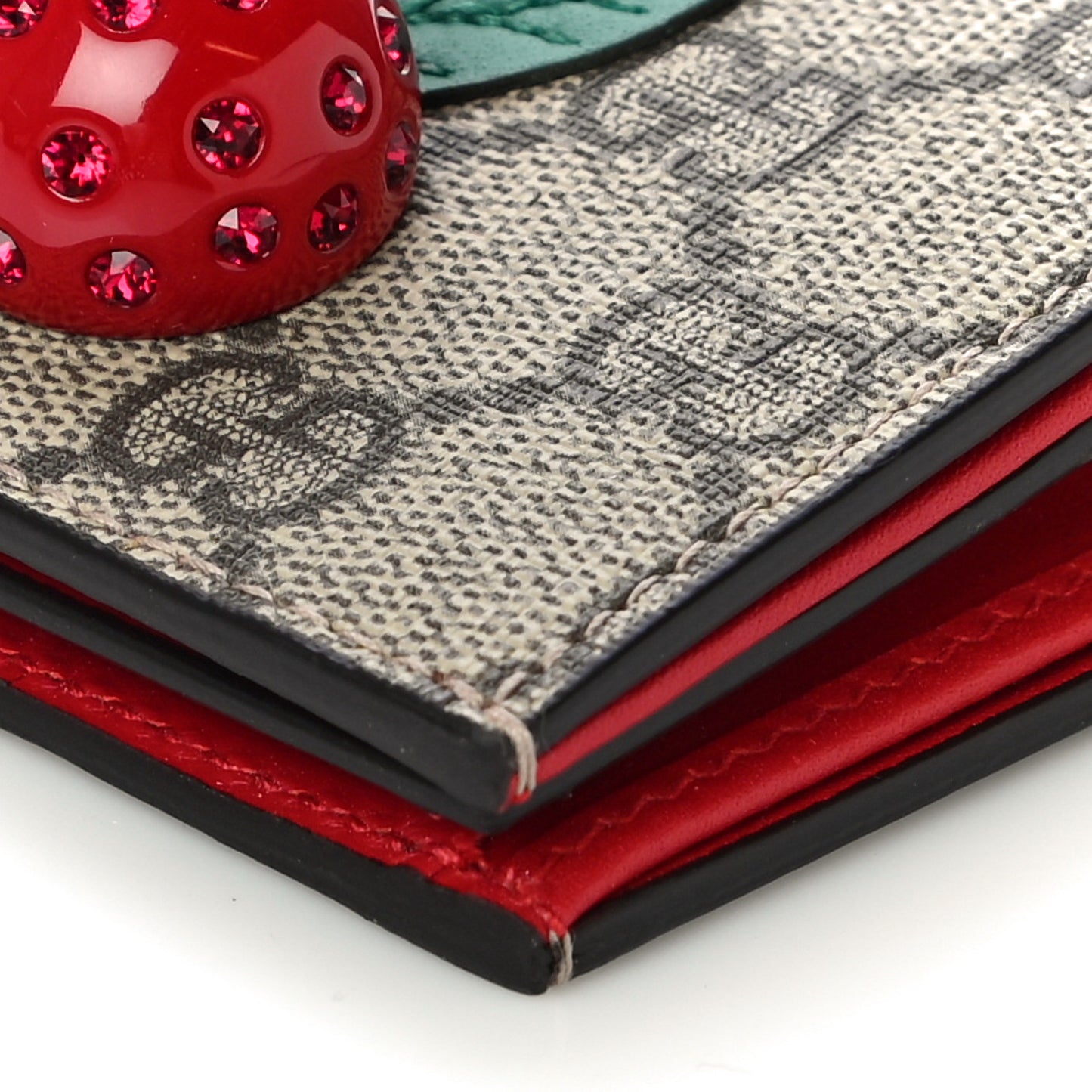 GG Supreme Monogram Cherry Embellished Card Case Wallet Hibiscus Red