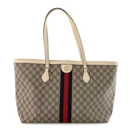 Gucci GG Supreme Monogram Textured Calfskin Web Medium Ophidia Shopping Tote Beige Ebony Mystic White 1 of 10