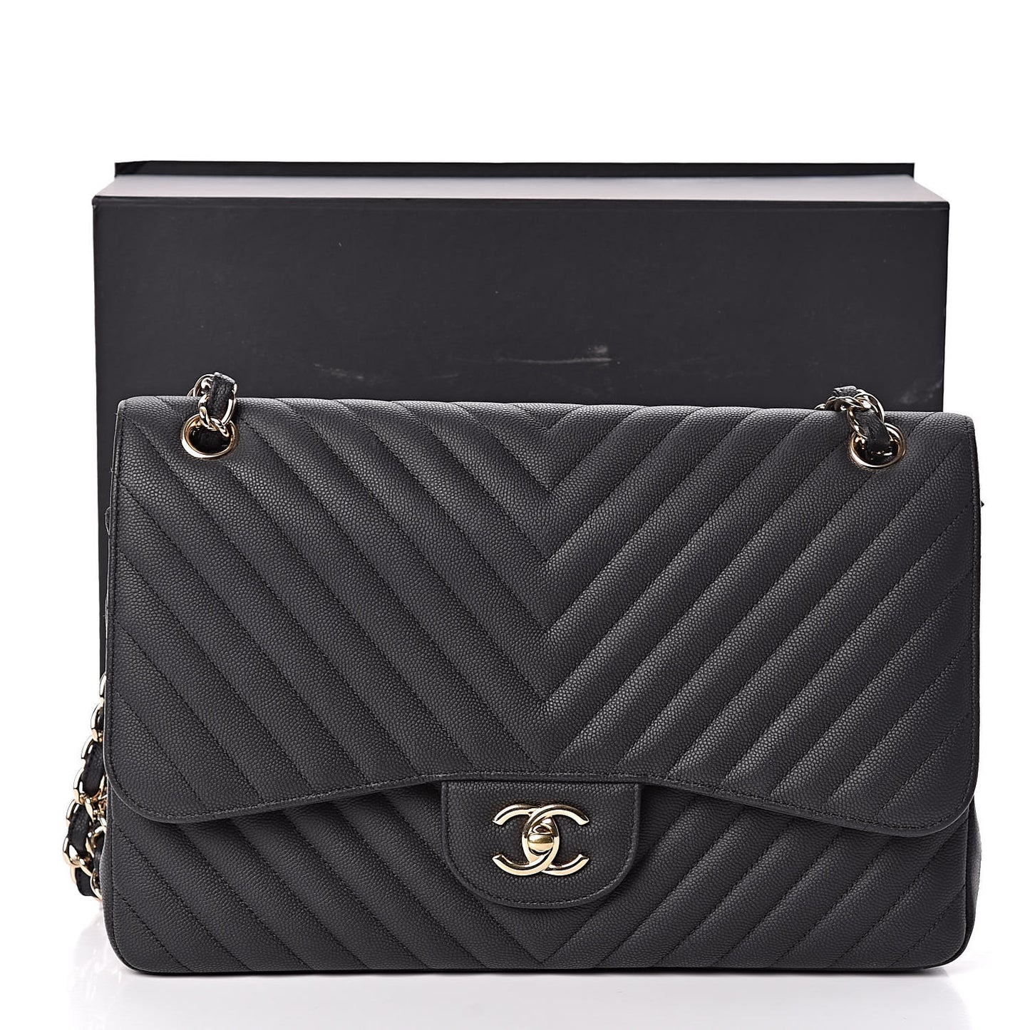Caviar Chevron Quilted Jumbo Double Flap Black