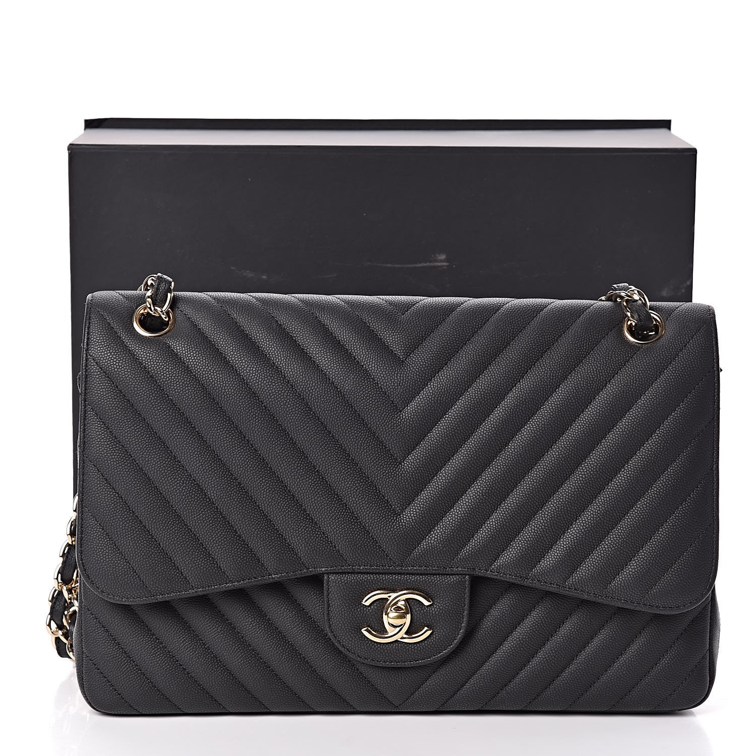 Chanel Caviar Chevron Quilted Jumbo Double Flap Black 15 of 15