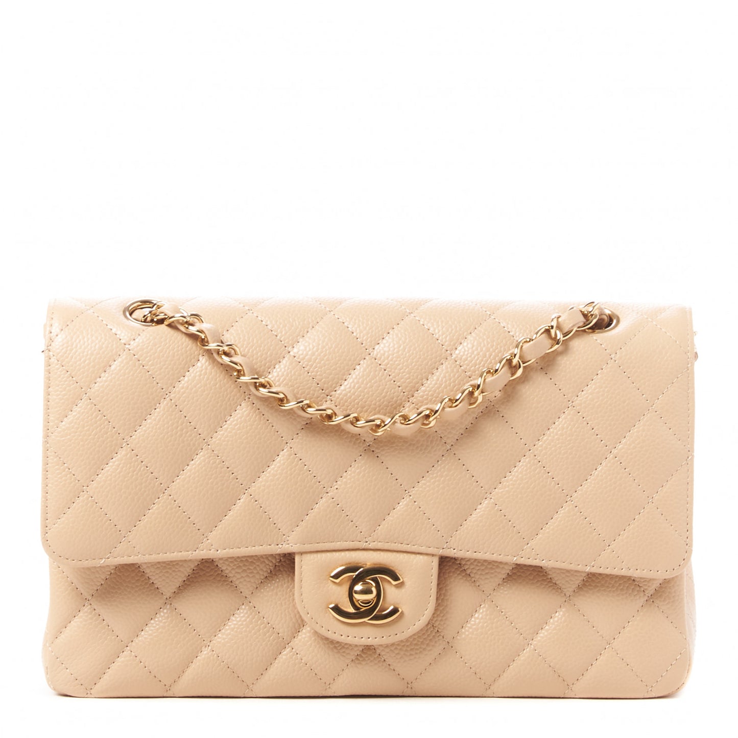 Caviar Quilted Medium Double Flap Beige