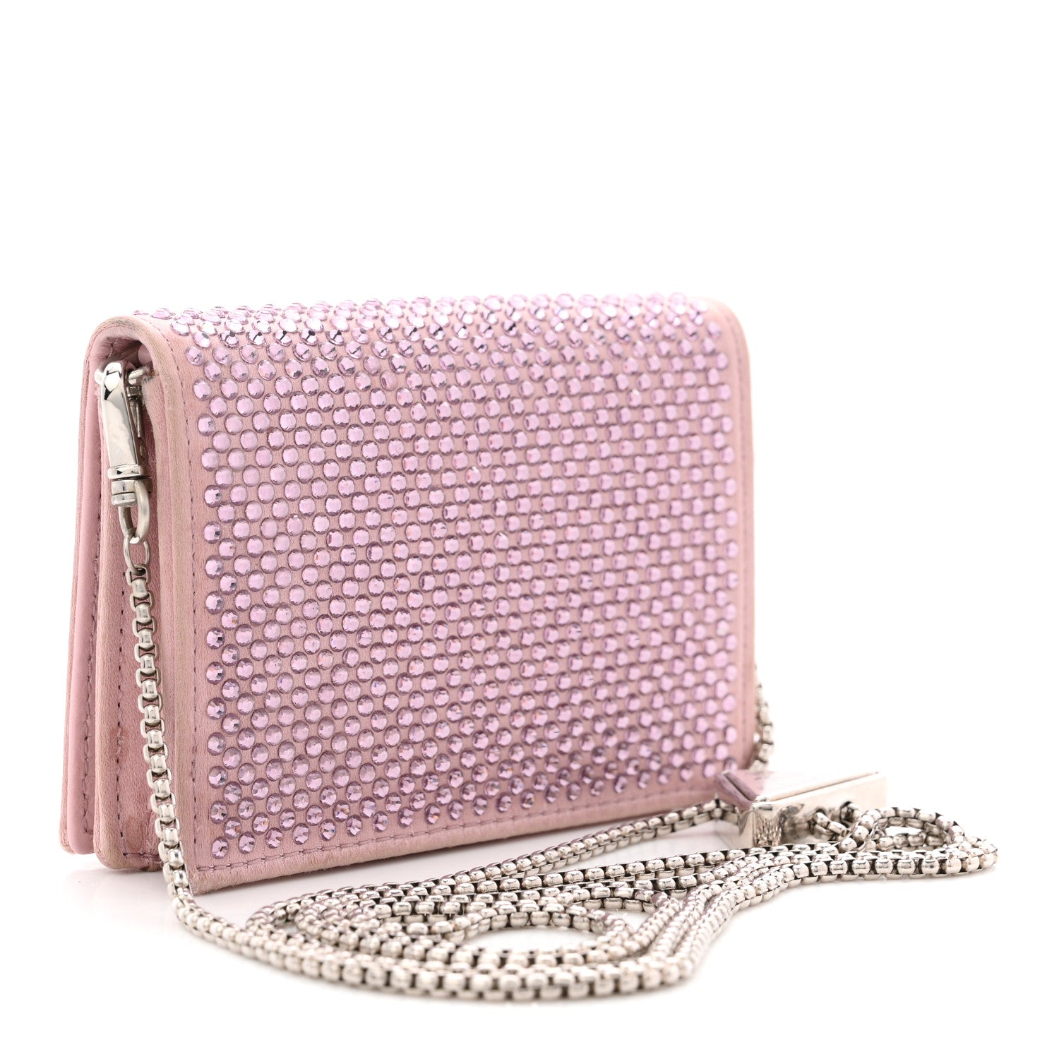 Prada Satin Crystal Metal Triangle Logo Card Holder With Strap Alabastro 3 of 12