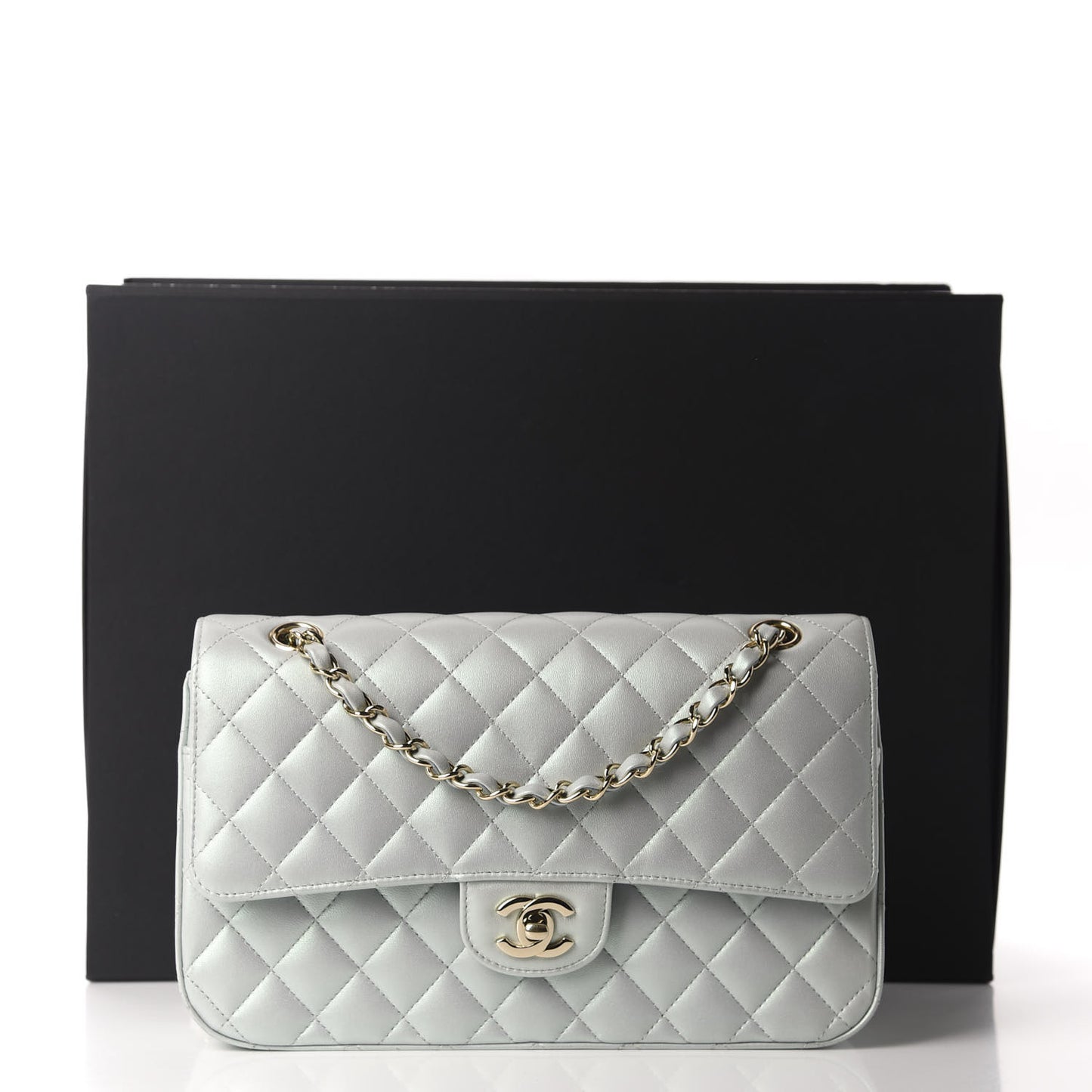 Iridescent Lambskin Quilted Medium Double Flap Light Blue
