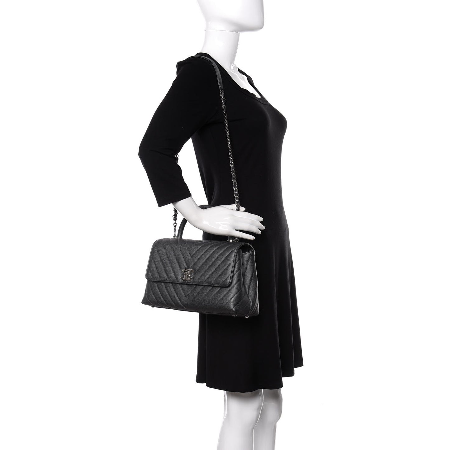 Iridescent Caviar Chevron Quilted Small Coco Handle Flap Black