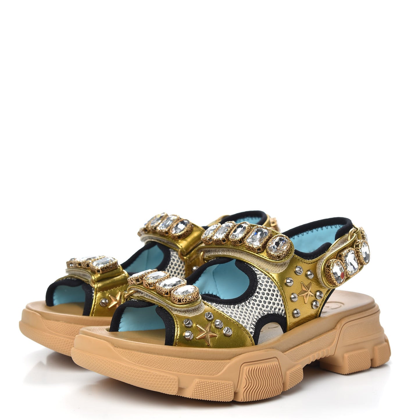 Silk Calfskin Mesh Crystal Embellished Studded Womens Aguru Sandals 35.5 Gold