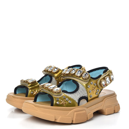 Gucci Silk Calfskin Mesh Crystal Embellished Studded Womens Aguru Sandals 35.5 Gold 3 of 8