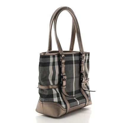 Burberry Metallic Calfskin House Check Tote Pewter 3 of 12