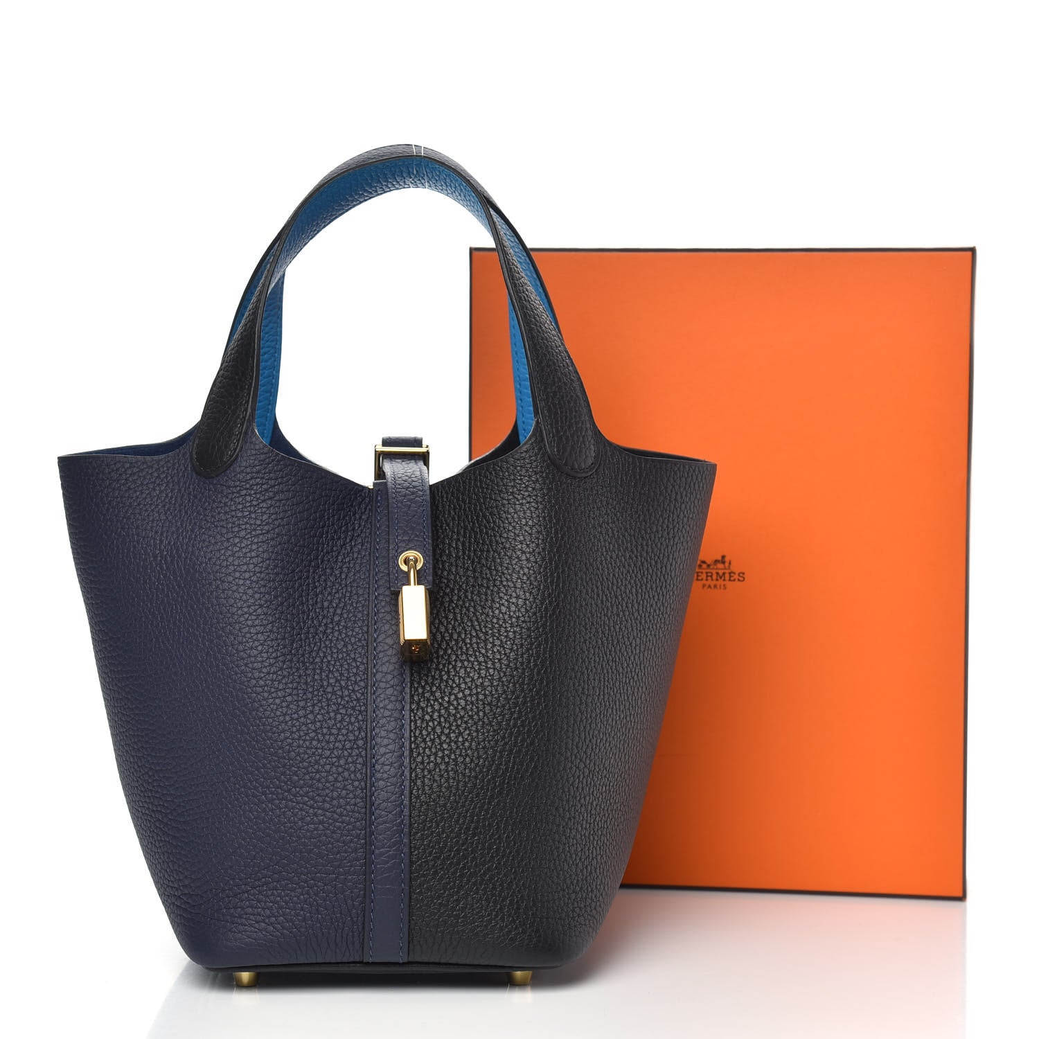Hermes Taurillon Clemence Casaque Picotin Lock 18 PM Blue Nuit Black Bleu Frida 10 of 10